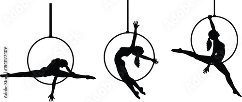 Aerial hoop dancer silhouettes, acrobatic circus performance poses, aerial gymnastics isolated vector illustration collection