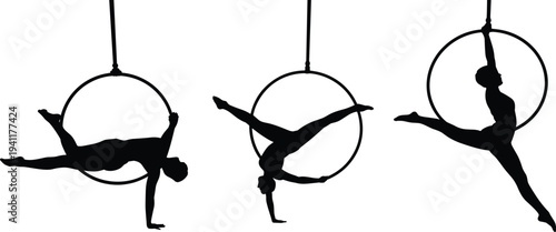 Aerial hoop gymnast silhouettes performing acrobatic circus poses, aerial dance fitness isolated vector illustration collection