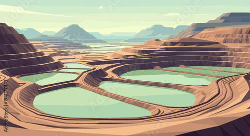 Abstract geometric landscape of terraced mountains and water bodies in soft tones