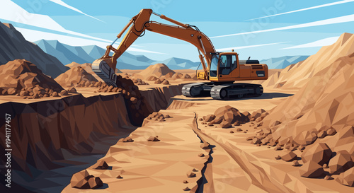Excavator in low poly style digging at construction site in mountainous terrain