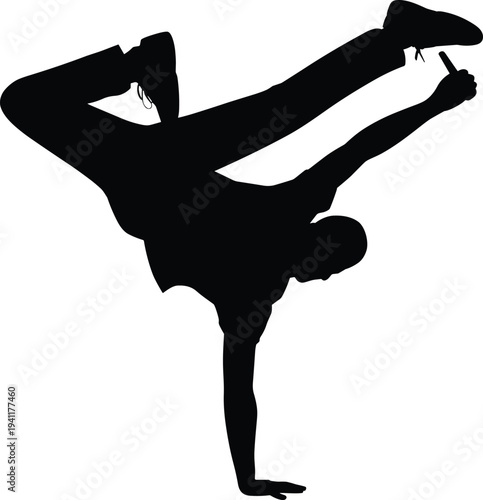 Breakdancer silhouette performing one hand freeze with microphone isolated on white background