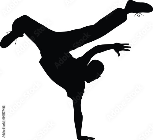 Breakdance performer silhouette doing dynamic freeze move isolated on white background