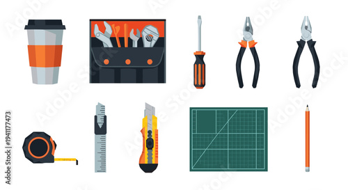 Construction and repair tools in flat design with coffee cup and pencil