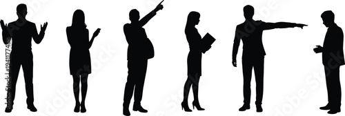 Business people silhouette collection, professional office communication gestures, corporate teamwork discussion isolated vector illustration set
