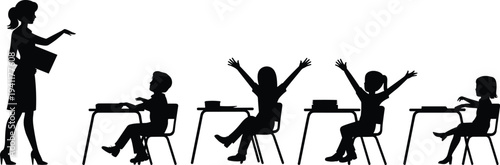 Classroom silhouette, teacher instructing students,  silhouette, teacher instructing students, learning environment, education concept, student engagement, academic scene, school illustration