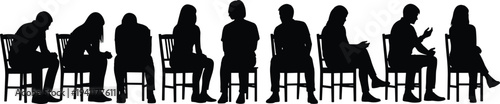 Silhouette group sitting chairs, diverse posture, human interaction concept, waiting room illustration, social gathering study, minimalist art, body language representation