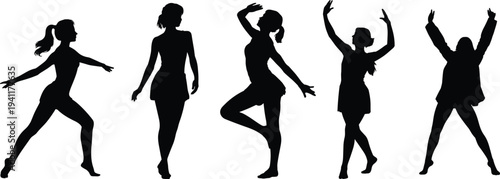 Collection of female dancer silhouettes in dynamic poses isolated on white background