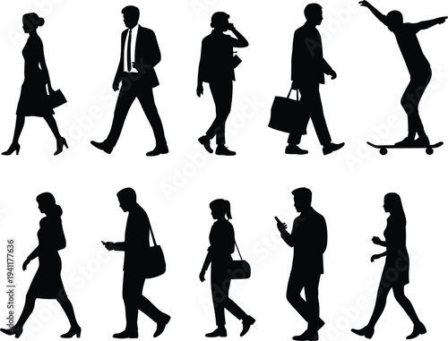 Collection of business people silhouettes walking and commuting isolated on white backgroundCollection of business people silhouettes walking and commuting isolated on white background