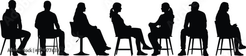 Silhouette group sitting on chairs, diverse posture, human interaction, waiting concept, social behavior study, minimalist art, body language illustration