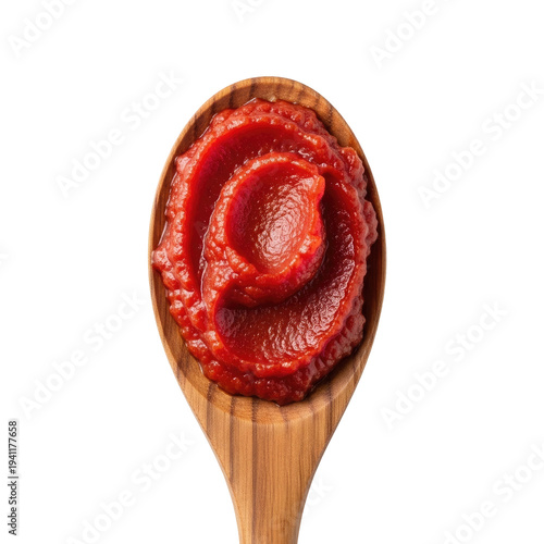 Swirl of thick red tomato paste filling a wooden spoon isolated on a transparent background