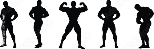 Collection of muscular male bodybuilder silhouettes posing isolated on white background