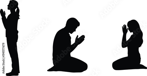 Collection of praying people silhouettes in different poses isolated on white background