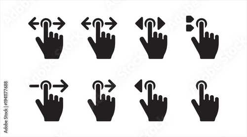 Touchscreen gesture icons collection representing swipe, tap and mobile interaction