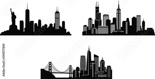 City skyline silhouettes of New York, Chicago, San Francisco with iconic landmarks, skyscrapers, suspension bridge, architecture, urban design, travel, tourism, USA cities