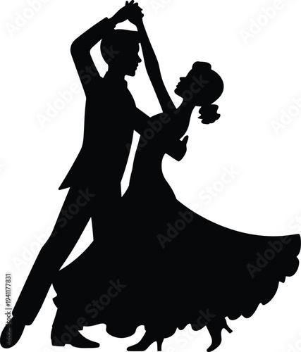 Elegant ballroom dancers silhouette performing romantic waltz isolated on white background