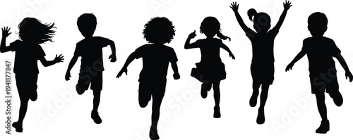 Group of joyful children silhouettes running and jumping isolated on white background