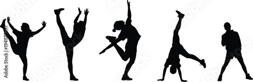 Hip hop dancers silhouette collection, breakdance movement poses, street dance performance isolated vector illustration set