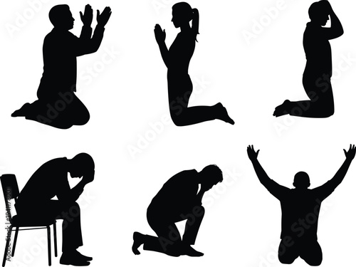 Praying people silhouette collection, kneeling worship poses expressing faith, spirituality and religious devotion isolated illustration