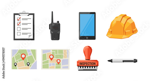 Construction site tools and equipment set featuring smartphone, hard hat, checklist, and inspection stamp