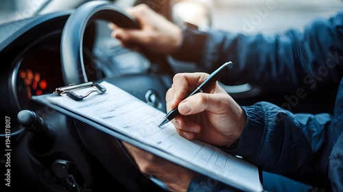 Person holding a car steering wheel during a driving test while instructor writes notes on clipboard, inside a modern car, natural lighting, shallow depth of field, lifestyle stock photo