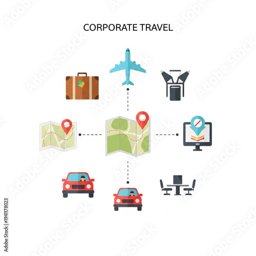 Corporate travel planning and transportation services illustration.