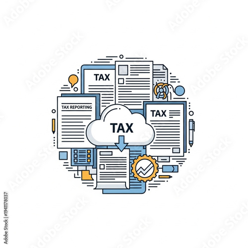 Tax documents and forms illustration with cloud and paperwork.