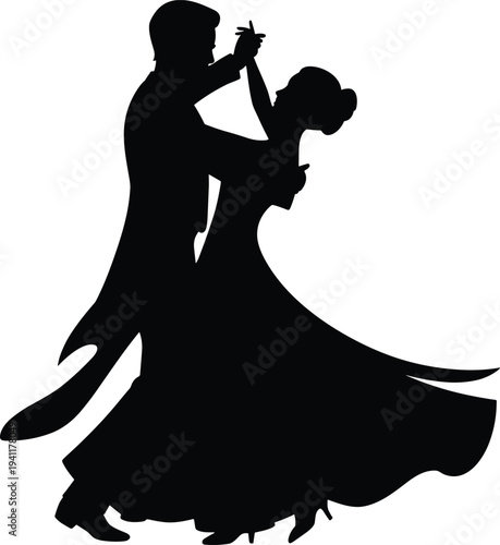 Romantic ballroom dance couple silhouette performing elegant waltz isolated on white background