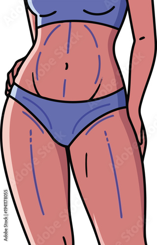 Vector drawing of fit woman midsection with blue lines