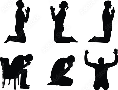 Praying people silhouette collection, kneeling worship poses, religious prayer and spiritual devotion isolated vector illustration