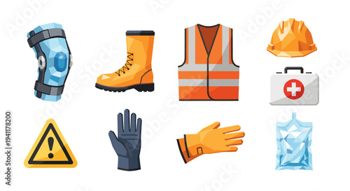 Safety equipment icons: modern ppe and warning signs collection