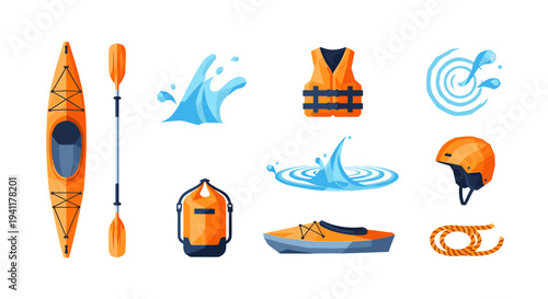 Water sports equipment collection: kayak, paddle, helmet, and safety gear in flat design