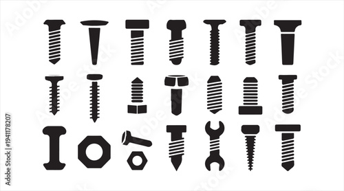 Black hardware screw and bolt icon pack showing industrial fastening tools