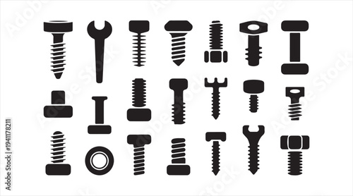 Minimal fastener symbol set isolated on background for engineering and repair concept