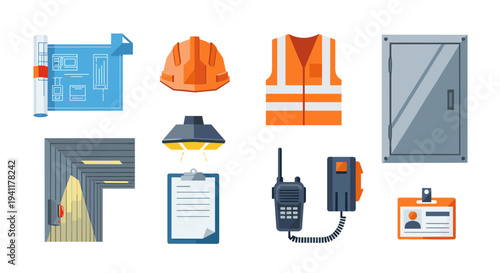 Safety equipment and workplace essentials in modern colorful design