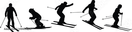 Set of skier silhouettes in dynamic downhill action isolated on white background