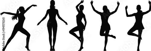 Set of young woman dancer silhouettes in expressive poses isolated on white background