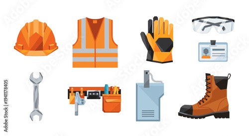 Construction safety gear and tools set with detailed flat design elements