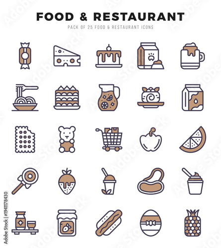 Set of 25 Food and Restaurant Two Color Icons Pack.