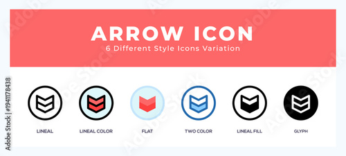 Arrow icon set. outline. glyph black. flat color and filled line color