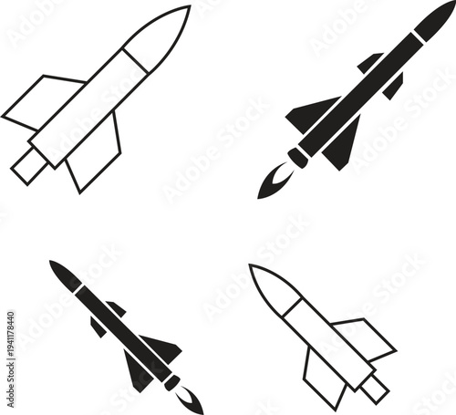 Set of rocket vector illustrations with aviation and flight iconsSet of rocket vector illustrations with aviation and flight icons