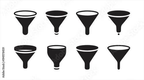 Funnel icons collection representing filtering, sorting and marketing funnel concept