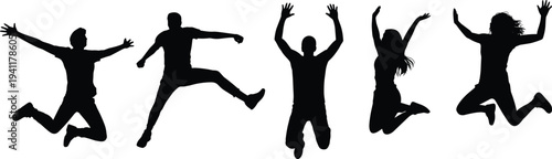 silhouette, people, group, jumping, jump, happy, celebration, friends, teamwork, unity, freedwomen, airborne, motion, fun, joyful, cheerful, dynamic pose, party, achievement, togetherness, isolated, 
