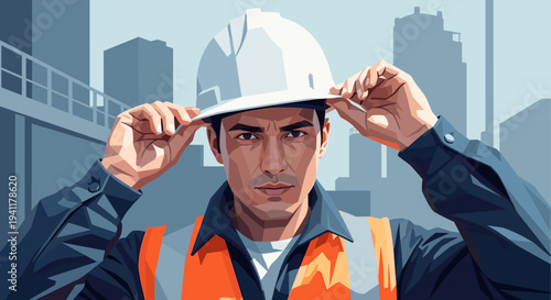 Confident construction worker with hard hat in urban setting