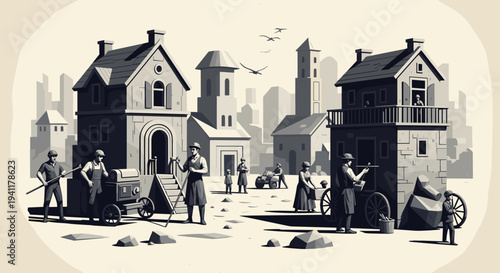 Monochrome depiction of historical stone masons in old town setting