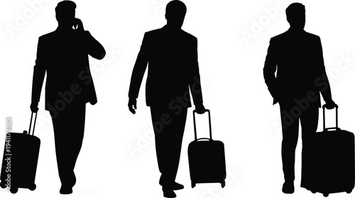 Silhouettes of business travelers walking with rolling suitcases isolated on white background