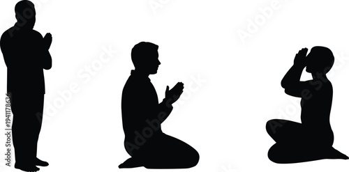 Silhouettes of praying people in standing and kneeling poses isolated on white background