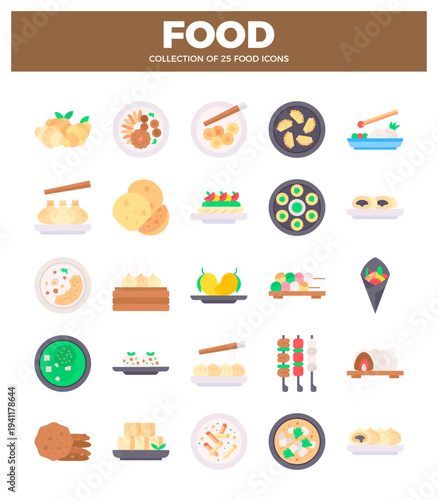 flat food icons in a grid layout on a white background. featuring diverse Asian cuisine elements. Food icons in an organized grid with varied dishes and cuisines.