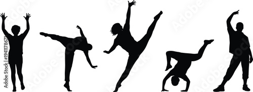 Street dancers silhouette collection, hip hop freestyle poses, breakdance performance movement isolated vector illustration set