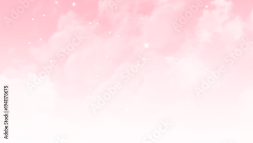 View of large, dense, cumulus clouds against a bright, vivid pink sky,