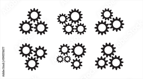 Mechanical gear icons collection representing engineering and industrial machinery